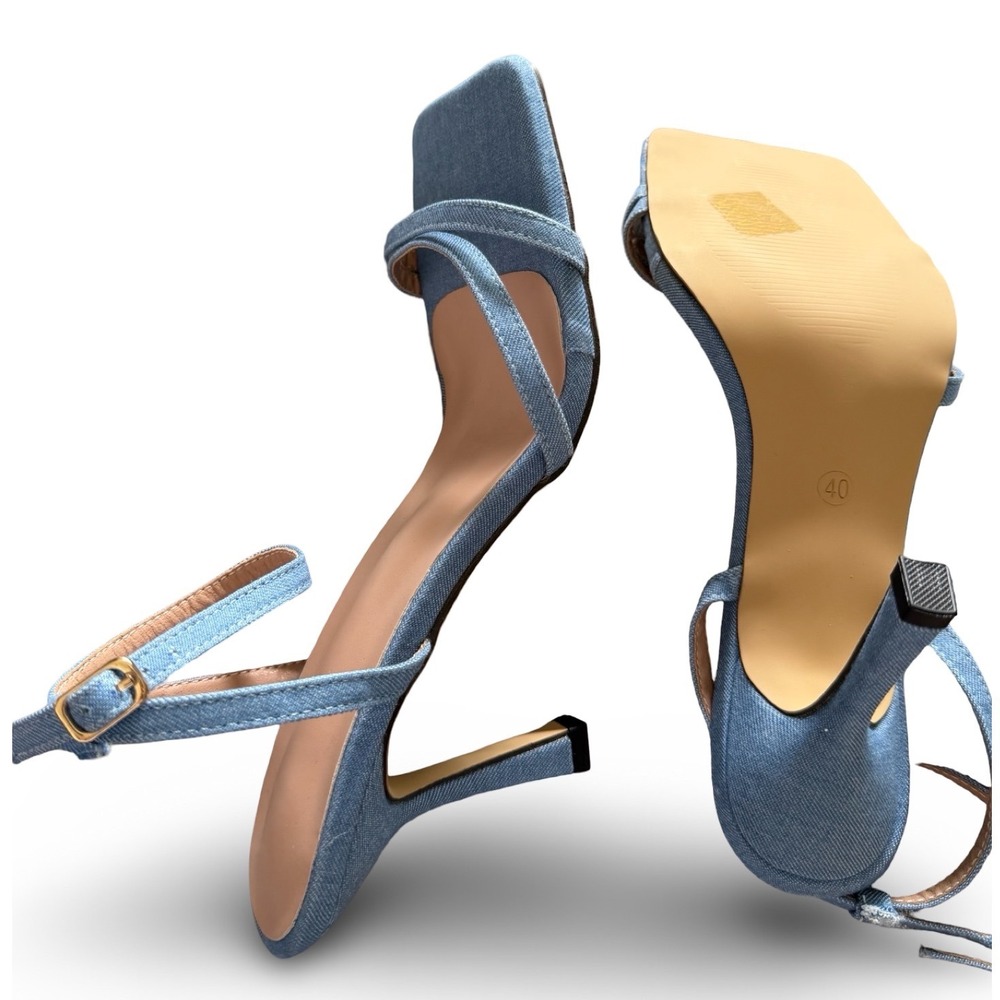 Light Blue Denim Strappy Square Toe Stiletto Heels Ankle Strap Sandals Sz 9 NEW - Picture 13 of 13